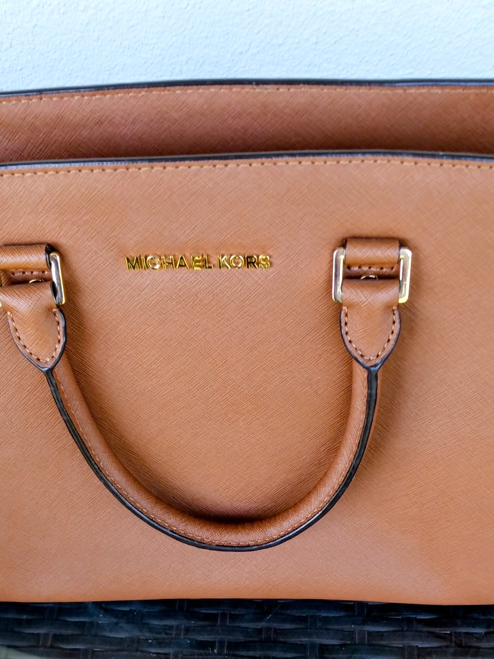 Michael Kors Tan Saffiano Leather Satchel with Gold Hardware